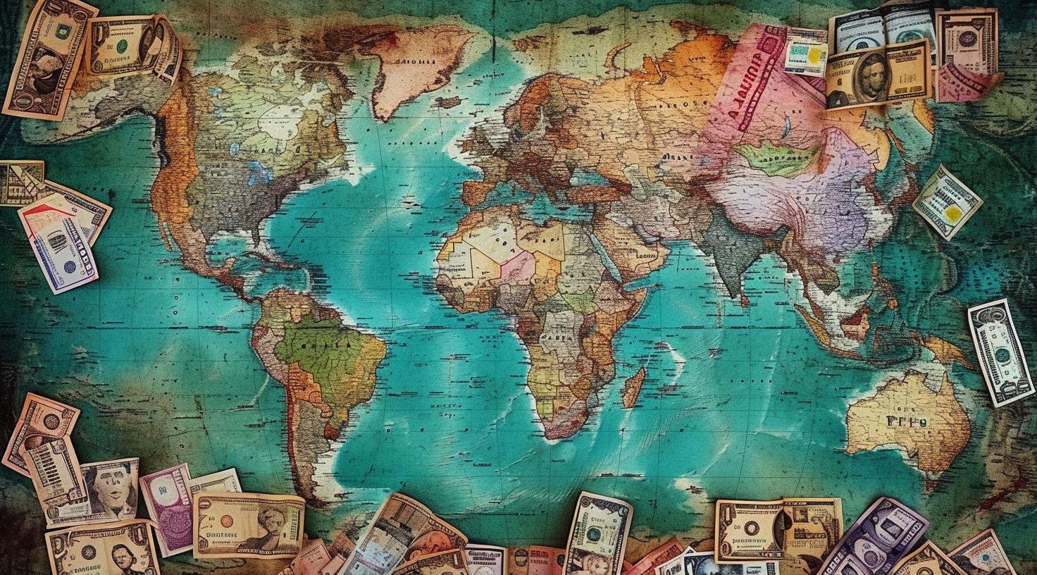 Map of the world with foreign money bills
