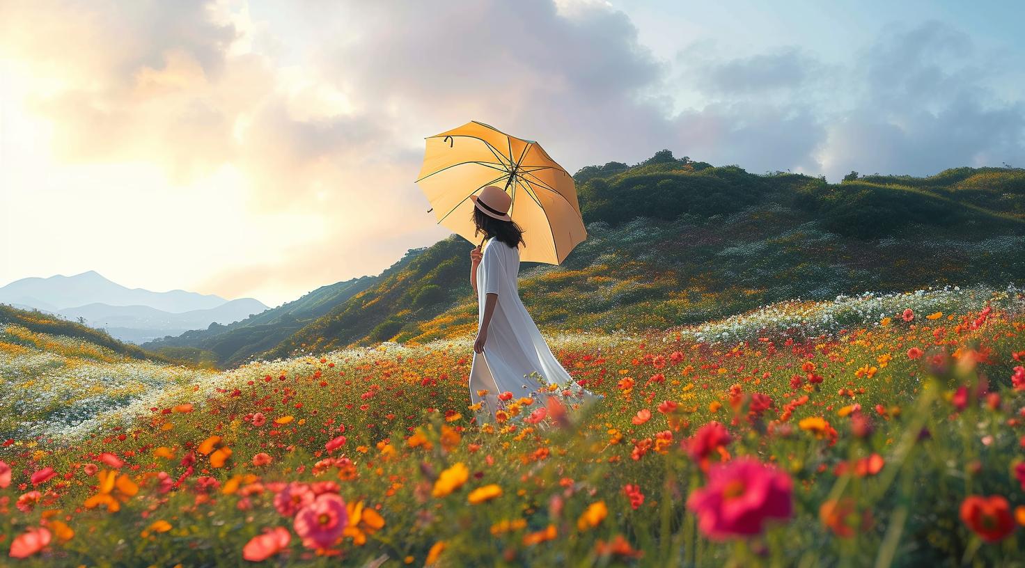 woman with umbrella in field of flowers