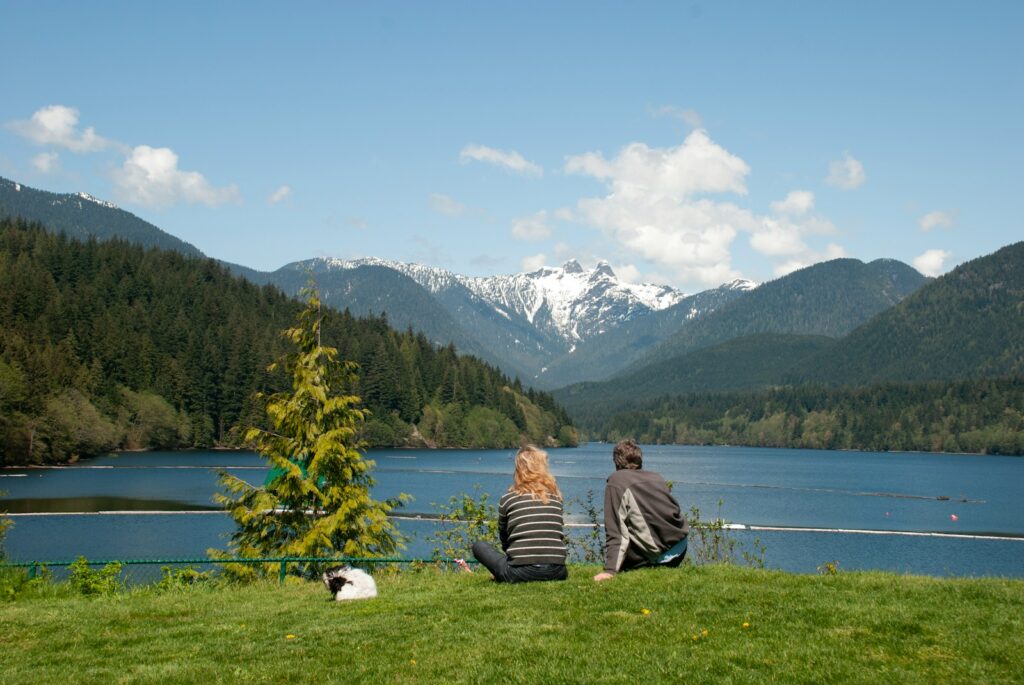 a couple of people sitting on top of a lush green hillside